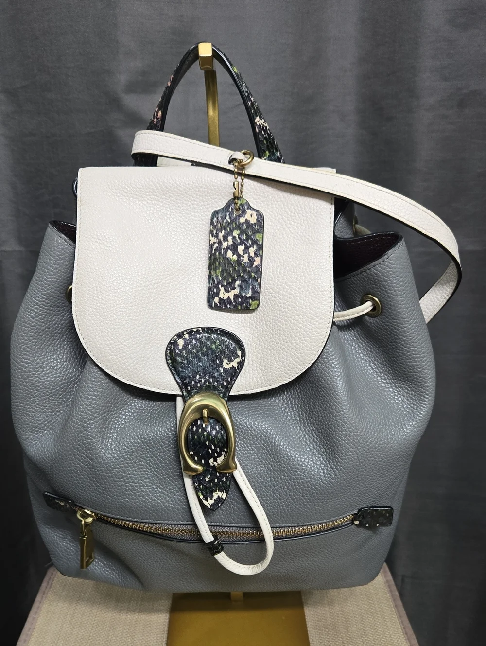 Coach Gray and Cream Leather Drawstring Backpack with Snakeskin Trim - Picture 1 of 14